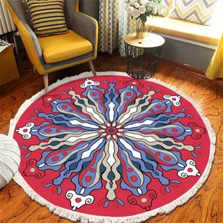 Tomifine Mandala Rund Teppich Quasten, Böhmen Handgewebte Baumwolle Teppiche für Schlafzimmer Wohnzimmer Hausdekor (120 cm,Rot Grau)