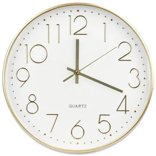 mixed24 Wanduhr Gold Weiß 30cm rund ohne Tickgeräusche Minimalistisch Modern Leicht zu lesen Uhr Analog