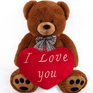 MONZANA® Teddybär mit Herzkissen 50-175cm Braun Weich Dichtes Fell Schleife Tatzen Ich Liebe Dich Geschenk Valentinstag Plüschbär Kuscheltier B...