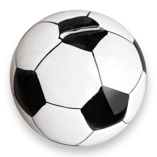MIJOMA Sparbüchse Spardose Fußball aus Keramik 12cm Schwarz & Weiß, Wiederverwendbar mit Gummistopfen, Geldschlitz auf der Oberseite, Fußballfans und Sparfüchse