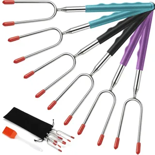EXTSUD Grillspieße Edelstahl, 6 Stück Grillgabel ausziehbar BBQ Gabeln mit Bürste Grillstäbe Marshmallow Bräter Lagerfeuer Camping-Sticks 85cm extra Lange für Corn,Hot Dogs,Kebab,Rindfleischspieß