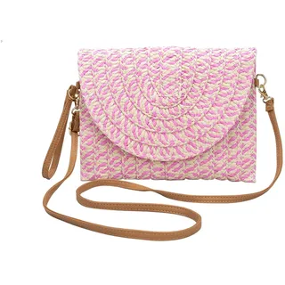 CORIOS Damen Gewebte Tasche Sommer Strandtaschen Handgefertigte Strohtasche Böhmische Tote Beutel Frauen Handtasche Handgewebt Basttasche Retro Schultertasche für Reise Urlaub Strand Rosa