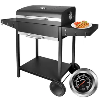 kisidus Holzkohle Grillwagen, Holzkohlegrill mit Deckel und Thermometer, groß Kohle mobiler BBQ Grill für Garten, Camping und Outdoor-Events