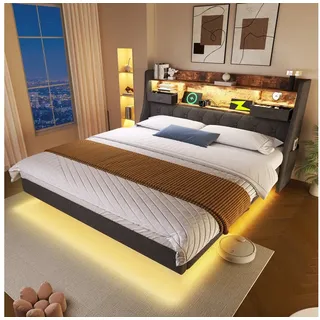 Odikalo Polsterbett Stauraumbett mit Bettkasten LED und Ladestation (140x200 cm Schwebebett mit LED-Beleuchtung, Kopfteil und Ladestation(1 Type-C, 3 USB-Anschlüsse), Modern Doppelbett mit Stauraum-Kopfteil und lattenrost, Leinen, Grau(Ohne Matratze) grau 140 cm x 200 cm