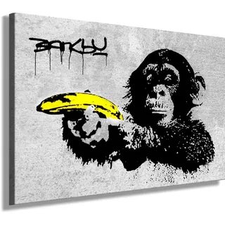 Fotoleinwand24 Bild auf Leinwand Banksy Graffiti Art Monkey Banana / XXL Wandbilder und Kunstdrucke auf Leinwand Bilder fertig gerahmt auf Holzrahmen - GRÖSSE WÄHLBAR !! kein Poster oder Plakat / Günstiger als Ölbild Gemälde / Leinwandbilder, Keilrahmenbilder N- 561 (Bild - S/W 70x50cm)