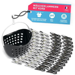 culiclean Wäscheklammern mit Korb, 48x + 1 Korb, schwarz-Weiss | Wäscheklammer Blume, stabile Kluppen mit Softgrip, Kunststoff, 80 mm, windfest, UV-beständig, BPA-frei, Made in France