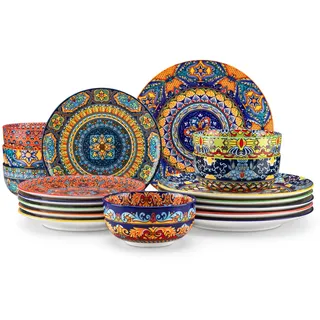 Geschirrset 6 Personen Keramik, vancasso KRVI 18tlg Modernes Porzellan Geschirr Set, Tafelservice im Böhmischer Stil, Tellerset und Schalenset, buntes Kombiservice