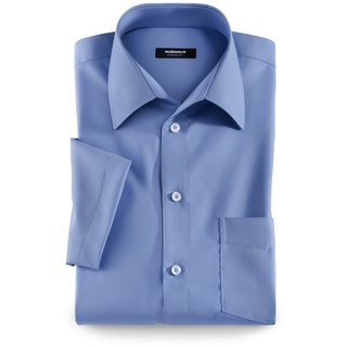 Walbusch Herren Hemd Bügelfrei Kragen ohne Knopf einfarbig Azur 45-46 - Kurzarm