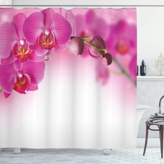 ABAKUHAUS Orchidee Duschvorhang, Exotische Orchid Feng Shui, Stoffliches Gewebe Badezimmerdekorationsset mit Haken, 175 x 220 cm, Mehrfarbig