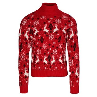 Herren Strickpullover Rollkragen Pullover Sweater Winter Pulli Weihnachten Warm 2XL Rot
