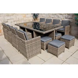 PolyRattan - Deutscher Hersteller - 10 Jahre GARANTIE auf UV-Beständigkeit - Gartenmöbel Essgruppe Tisch 8 Stuhl Hocker Polster Rostfrei Aluminium Dining Lounge Naturfarben Grau Schwarz