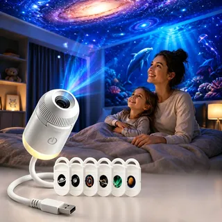 FIENZA Galaxy Projector Night Light, Hd Smart Dynamic 5d Holographic Night Light Projector, 360° Plug-And-Play Hd-Sternenprojektor Usb-Stromversorgung FüR Schlafzimmer Autodach (Mit 6 Folien)