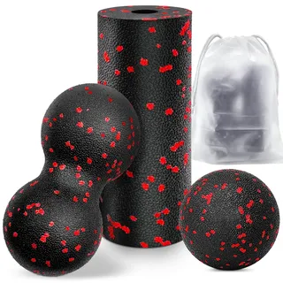 kisvic Faszienball und Klein Faszienrolle, Massageball Set Relieve Stress and Relax Tight Muscles, Duoball für Wirbelsäule Fuß Nacken Rücken (Rot)