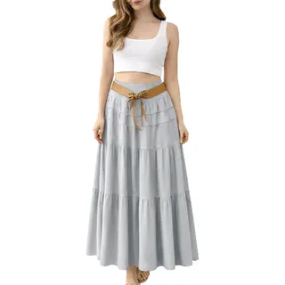 stylx Damen Sommer Rock Größe 36/38 bis Größe 50/52 verfügbar Langer Maxirock Strandrock Sommerock lang Gürtel Amber Boho Retro Maxirock (DE/NL/SE/PL, Numerisch, 40, 42, Regular, Regular, hellgrau) - 40-42