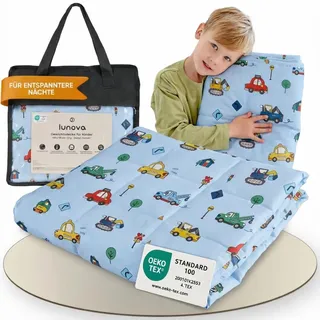 LUNOVA Gewichtsdecke Kinder 2kg Fahrzeuge (90x120cm) | schwere Schlafdecke | Oeko-Tex Baumwolle, waschbar | Therapiedecke, ideal 15-25 kg Körpergewicht | beruhigend | Weighted Blanket Kids