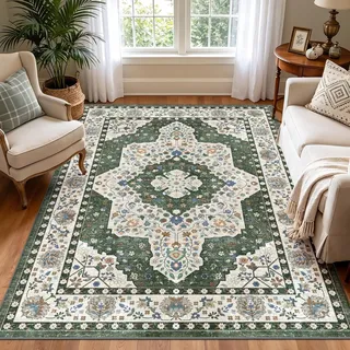 TUKDAK Vintage Teppich Wohnzimmer 120x180cm, Dunkelgrün Waschbarer Teppich Schlafzimmer, Boho Kurzflor Esszimmer Teppiche, Weich rutschfest Waschbar Kinder Teppiche für Küche Kinderzimmer