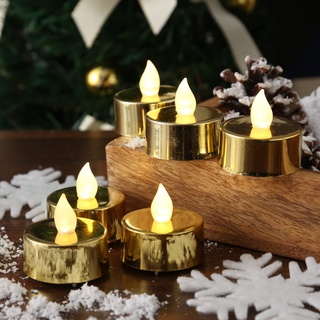 LED Teelichter - warmweiße flackernde Flamme - Batteriebetrieb - D: 3,8cm - 6er Set - glänzend lackiert LED Kerze (gold)