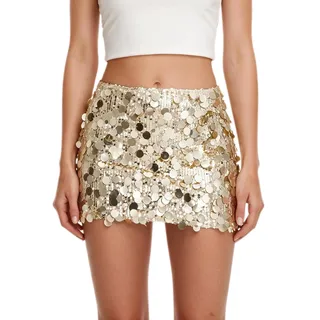 Glitzer Rock Damen, Pailletten-Minirock Gold, Bodycon Glitzerrock Größe S | Champagnerfarbener Minirock mit Runden Pailletten, Weichem Innenfutter und Verdecktem Seitenreißverschluss - S