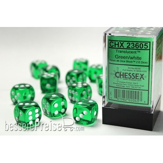 Chessex Würfel CHX23605 - Green w/white Translucent 16mm d6 with pips Dice Blocks&#153 (12 Dice)