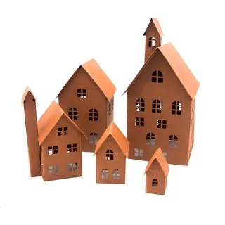 UNUS Deko Häuser 5er Set, Lichthäuser aus Metall, Herbstdeko Outdoor, Rost | Weihnachtsdorf für Garten, Terrasse oder Balkon