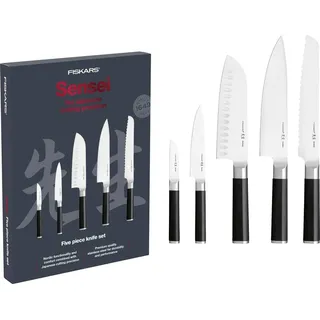 Fiskars Messer-Set, Sensei, 5-teilig, Kochmesser, Brotmesser | Santoku-Messer, Gemüsemesser, Schälmesser, Rostfreier Stahl mit hohem Kohlenstoffgehalt/Kunststoff, 1025845