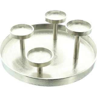 Kerzenhalter Tablett aus Aluminium in Antik Optik, Silber, Adventskranz Ø 32 cm, Kerzentablett für 4 Stumpen-Kerzen, Tischdeko für Wohnzimmer-Tisch oder Esstisch