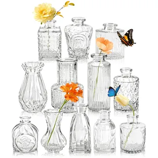 Der Rose 12 Stück Kleine Vasen Glasvasen für Tischdeko Mini Vintage Vasen Set für Hochzeitsdeko Party Deko Geschenk