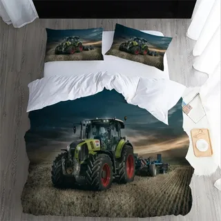 Kinderbettwäsche 135x200cm Jungen Traktor Bettbezug Set 3 Teilig Grün Bauernhof Landwirtschaft Traktor Microfaser Einzelbett 3D Motiv Luxus Modern mit Reißverschluss und 2 Kissenbezüge 80 x 80cm