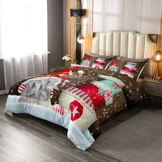 Homewish Skandinavische Weihnachtsmann Wichtel Bettwäsche 135x200 cm Tröster Set Frohe Weihnachten Bettwäsche Sets Cartoon Weihnachtsmann Zwerg Daunen Alternative mit 1 Kissenbezug Kinderzimmer Dekor
