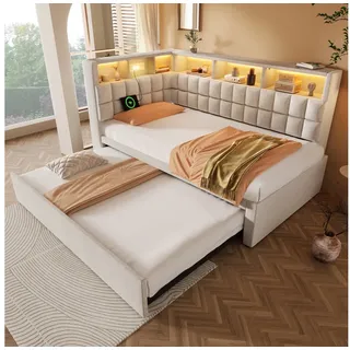 STILVORA Polsterbett 90/180x200 Schlafsofa mit bettfunktion Tagesbett ausziehbar L-Kopfteil (Funktionsbett, 1-tlg., L-Kopfteil mit Stauraumregal, Schlafsofa/Gästebett), mit LED-Beleuchtung & USB/Type-C Ladestation beige