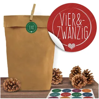 24 Adventskalender Kraftpapiertüten mit 24 weihnachtlichen Aufkleber-Zahlen „Schick und Bunt“ zum Verschließen für den Adventskalender zum Basteln und Befüllen