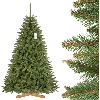 FairyTrees Weihnachtsbaum künstlich 220cm FICHTE Natur mit Christbaum Holzständer | Tannenbaum künstlich mit grünem Stamm | Made in EU