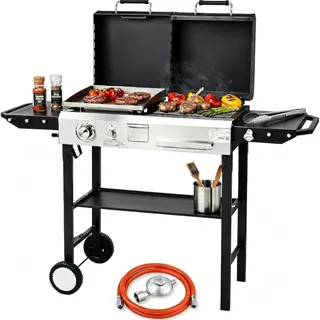 LEADZM Gasgrill 2-in-1 Gas- & Holzkohlegrill 4.5 kW - Ausgestattet mit einem 50-Mbar-Druckminderventil, Geeignet für Familienfeiern und Picknicks im Freien