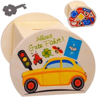 alles-meine.de GmbH große Holz - Spardose - Auto & Motorrad - Allzeit Gute Fahrt ! - mit Schlüssel & Schloß - stabile Sparbüchse - 11,5 cm - Sparschwein - für Kinder & Erwachsene..