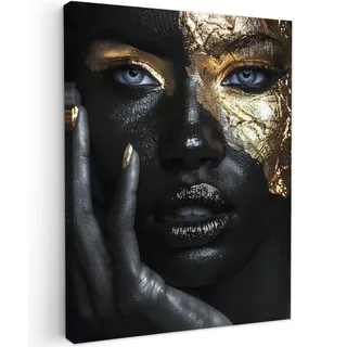 MuchoWow© Bilder Wohnzimmer Deko Modern Wandbild Foto auf Leinwand Bild | 30x40 cm - Schlafzimmer über Bett Room Decor Geschenke Frau - Gold - Porträt - Schwarz-Weiß - Luxus