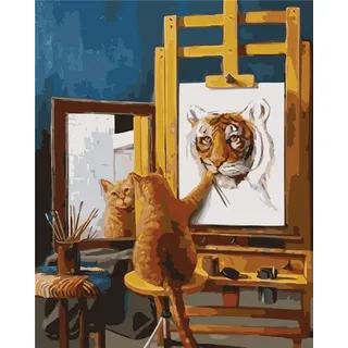 Amiiba Malen nach Zahlen für Erwachsene und Kinder, Zeichnen Tiger mit Katze als Modell, DIY-Kits, 40,6 x 50,8 cm, Acryl-Malerei nach Zahlen, Wandkunst mit Rahmen