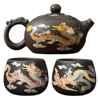 Magische Teekanne, Kung-Fu-Teeservice, farbwechselndes chinesisches Teeservice mit Drachen und Phönix. Enthält 1 lila Ton-Teekanne und 2 Teetassen