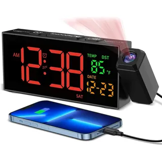 Netzu Digitaler Wecker mit Projektion, Projektionswecker mit 350° Projektor, Thermometer, Datum, Große Anzeige, 10 Klingeltönen, Snooze, 4 Helligkeit, 4 Lautstärke, Manuell DST, Lauter Wecker