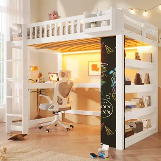 BTM Holz Hochbett 140x200 mit Schreibtisch, Kreidetafel, Regal und LED-Beleuchtung Kinderhochbett mit Stauraum, Weiß