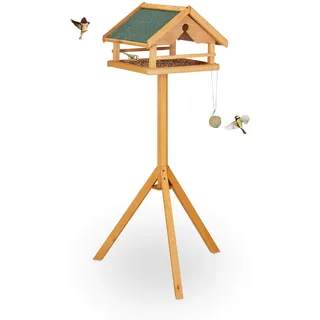 Relaxdays Vogelfutterhaus Tannenholz Stein Natur Grün mit Ständer, groß, wetterfestes Dach, Garten, Holz Vogelhaus HBT 120 x 62 x 55 cm 3,7 kg