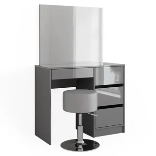 Vicco Schminktisch Sherry Grau Hochglanz, 90 x 75 cm, Spiegel, Hocker Frisiertisch