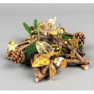 Teelichthalter, 22 cm, mit Holzzweigen, dekoriert mit goldenen Kugeln, Beeren, Blättern, Sternen, Laub, Tannenzapfen, Weihnachten, Tischdekoration