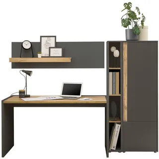 SCHREIBTISCHKOMBINATION 4-teilig grau matt, Eiche Wotan 213 cm, Büromöbel Set mit viel Stauraum