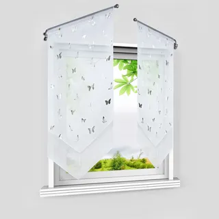 HeichkelL Scheibengardinen mit Silberner Schmetterling, Weiß BxH 80x150 cm | Voile Bistrogardinen 2er Set Panneaux, Doppelschicht Kurzstore, Modern Küchenvorhang mit Quaste, 2 Stück