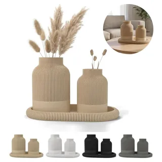 Vasen geriffelt Japandi 2 Stück mit ovalem Tablett, Deko Set Wohnzimmer – Beige - Beige