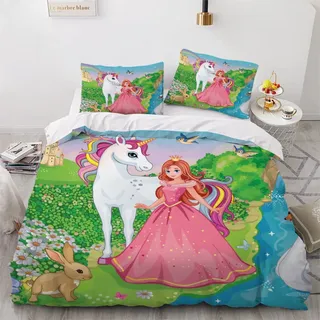 VASENA Bettwäsche Regenbogen Prinzessin Bettwäsche 135x200 Kinder Süßes Cartoon-Pferd Bettbezug Set Weich Microfaser Kinderbettwäsche 3 Teilig Mit ReißVerschluss Mit 2 Kissenbezug 80x80 cm