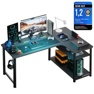 COMHOMA Schreibtisch Gaming Tisch mit Regal, Eckschreibtisch Computertisch L Form, PC Tisch für Büro, Heimbüro
