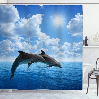 OCEUMACO Duschvorhang 3D Delphin Meer 180x180 Ocean Tiere Motiv Shower Curtains Textil Antischimmel Wasserdicht Duschvorhänge Badewanne Stoff Polyester Waschbar Lang Vorhang mit Haken - Blau 1