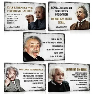 5er Set Retro Blechschilder Sprüche - Albert Einstein Metall-schild mit Spruch - Vintage Wand-Deko Schild Poster Geschenkidee 20x30cm