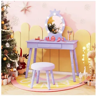 COSTWAY Schminktisch Kinderschminktisch mit Hocker, mit LED Beleuchtung lila